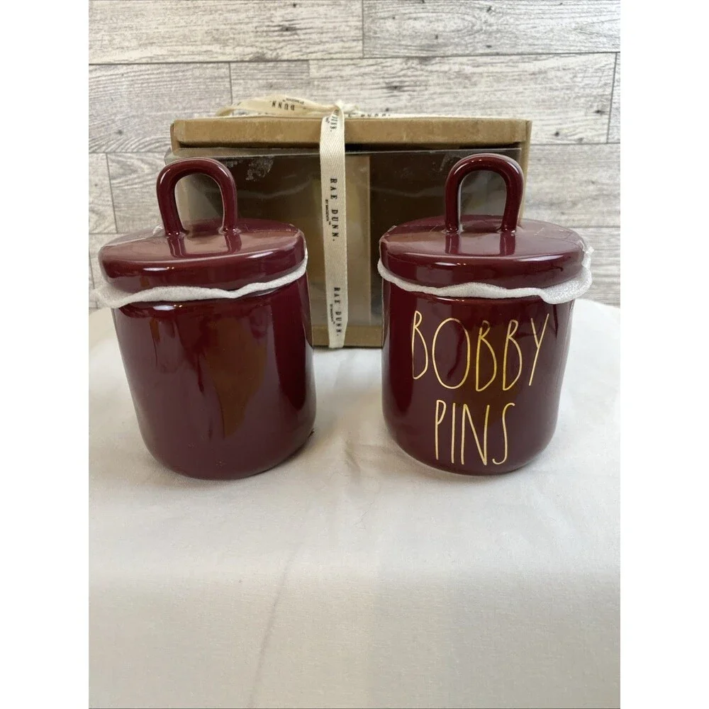 Rae Dunn HAIR TIES and BOBBY PINS 2 Small Ceramic Canisters Looped Lids Burgundy